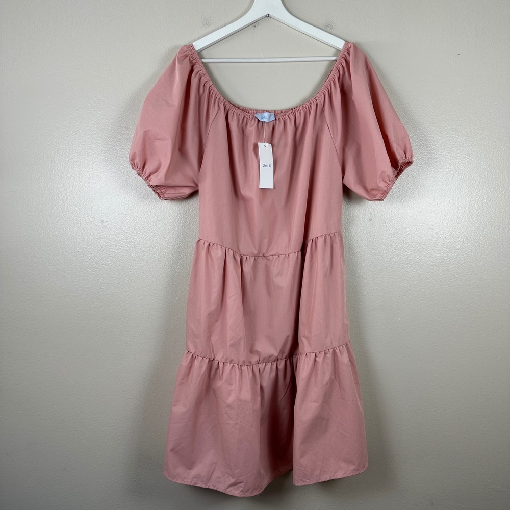 Deli.S Women's 10 Babydoll Dress Pink‎ Tiered Puff Sleeve Off Shoulder NEW